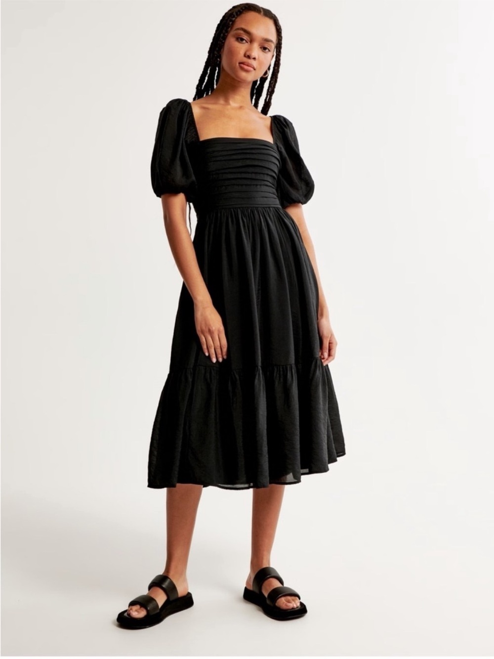 Abercrombie & Fitch Black Square-Neck Puff-Sleeve Midi Dress